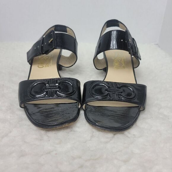 Salvatore Ferragamo Women's Slingback Shoes  Size 8 C Black Patent Block Heel - Picture 2 of 11